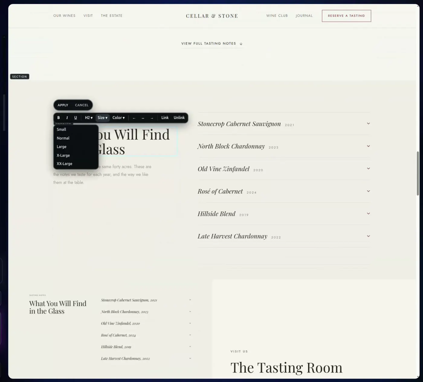 AI-generated winery website, edited inline