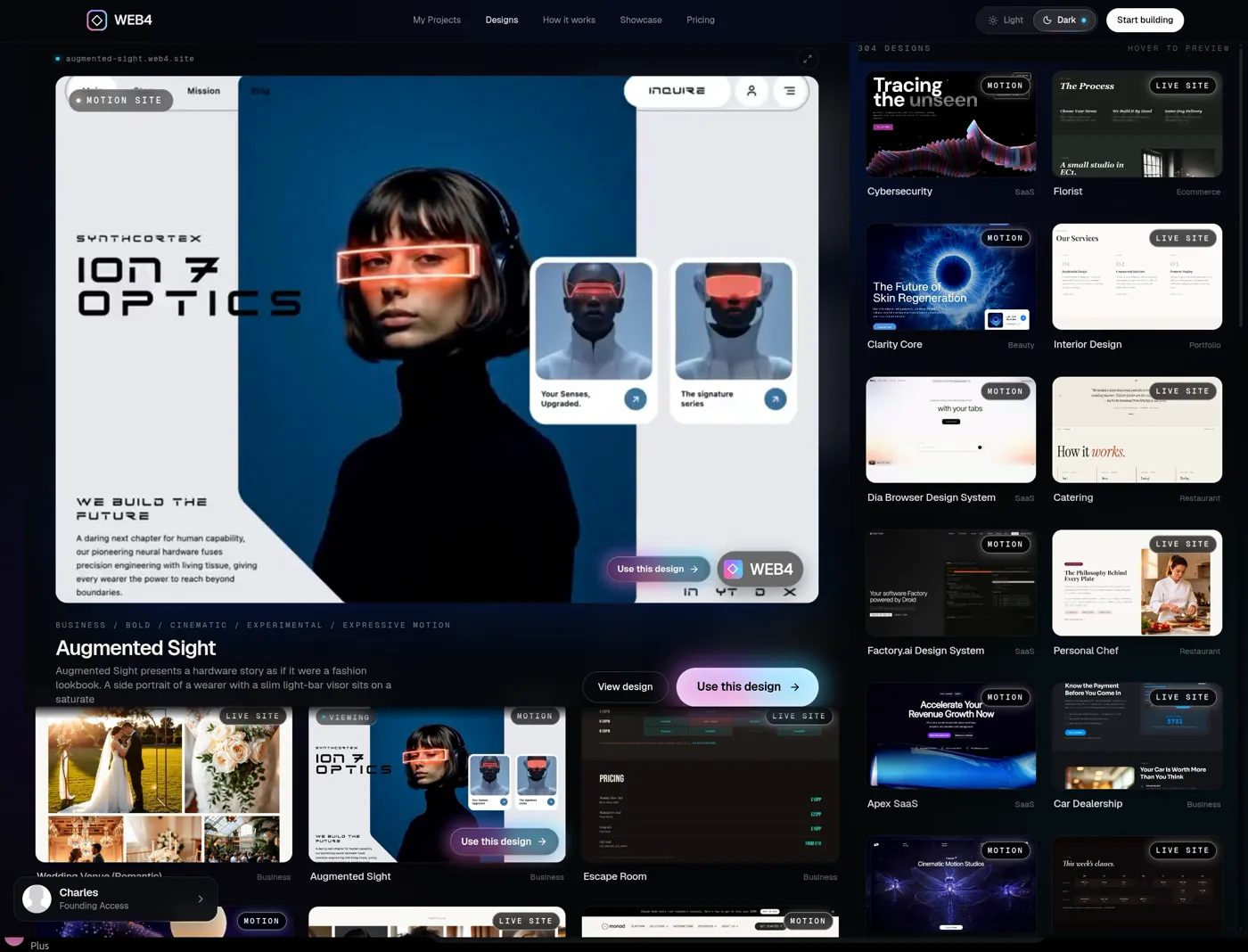 The WEB4 designs library with a live preview and a Use this design button