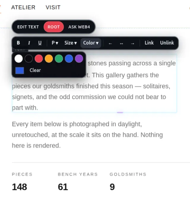 Inline text formatting toolbar in the WEB4 editor