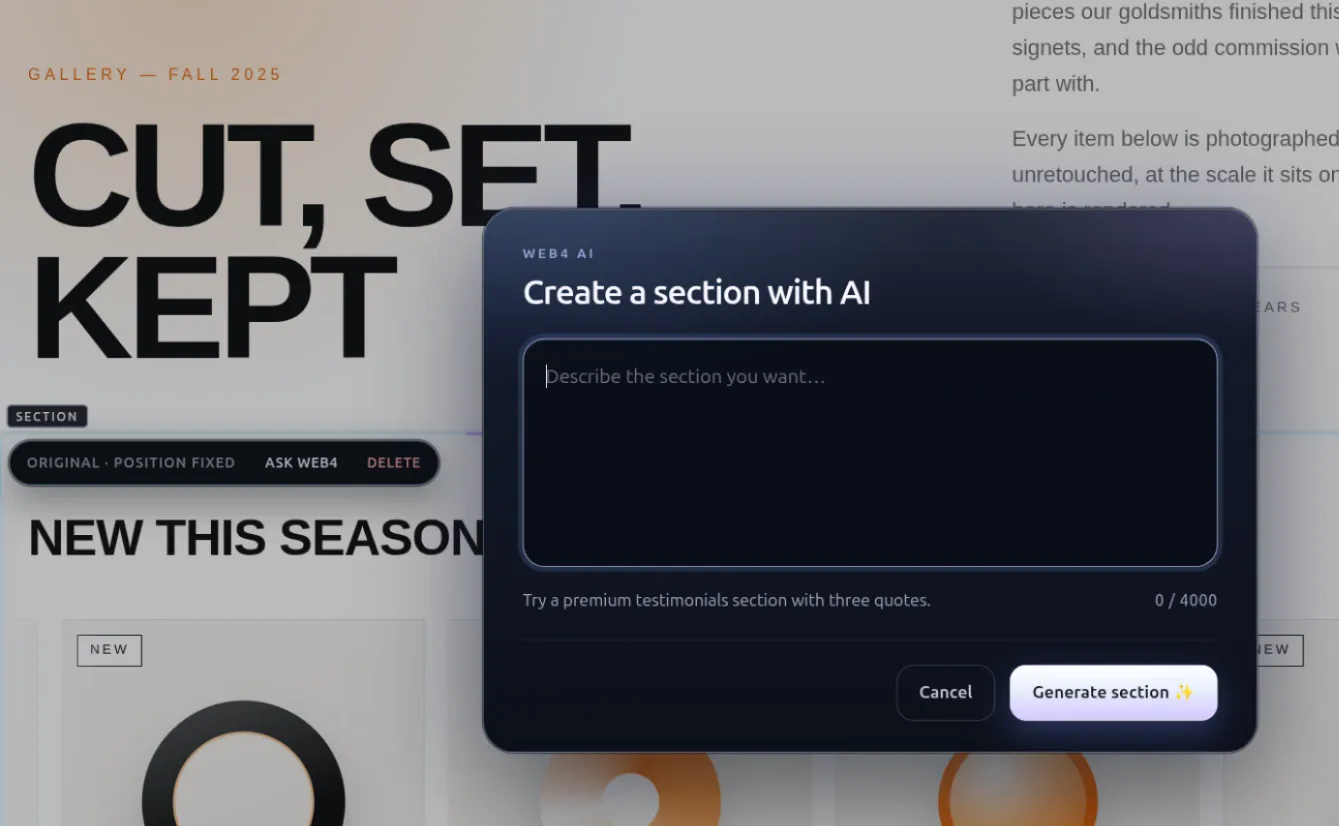 The Create a section with AI dialog open over a live page in WEB4