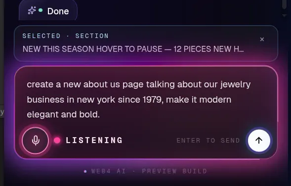 A voice prompt asking WEB4 to create a new About Us page