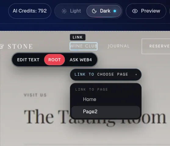 Element toolbar with Edit text, Root and Ask WEB4 beside a link-to-page menu