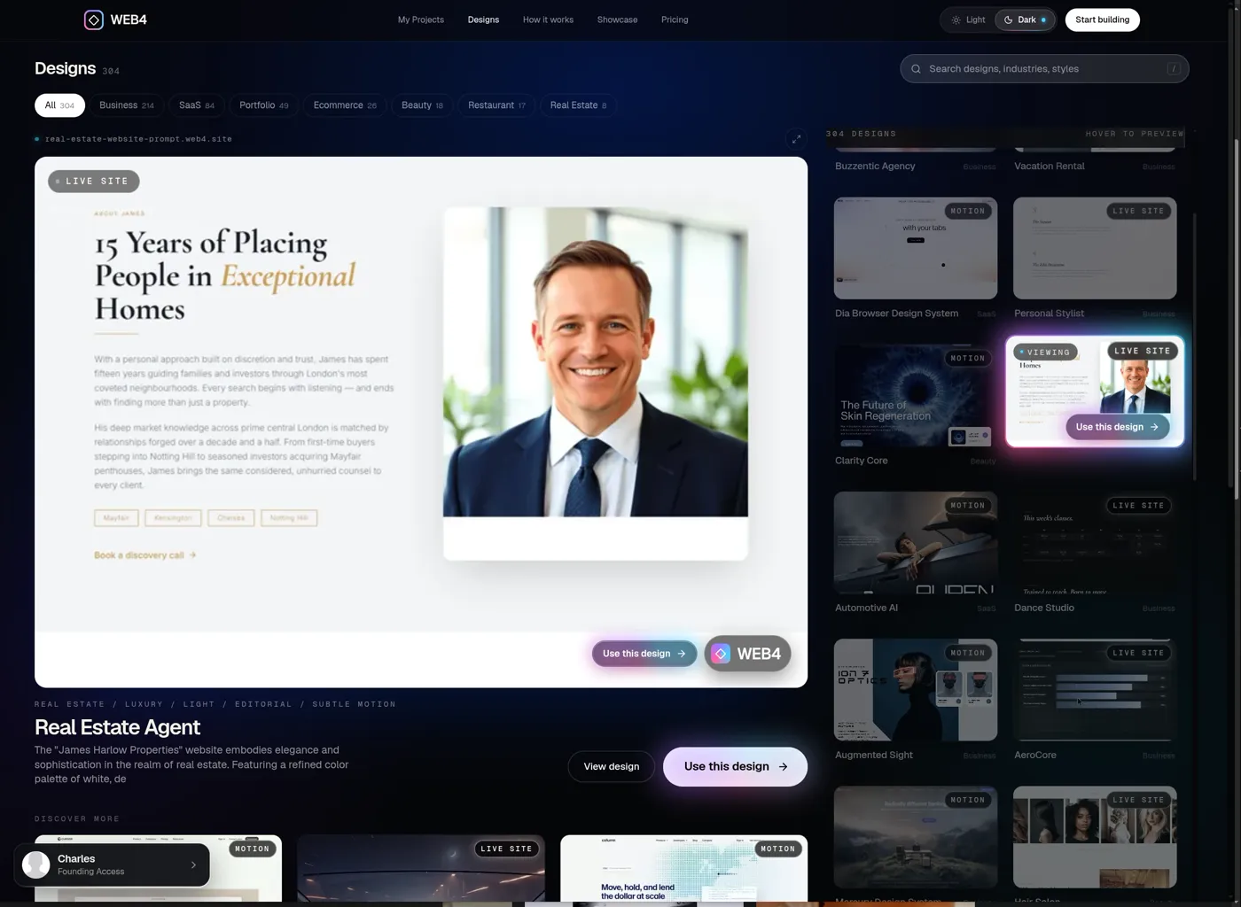 The WEB4 designs library previewing a real estate agent website with a Use this design button
