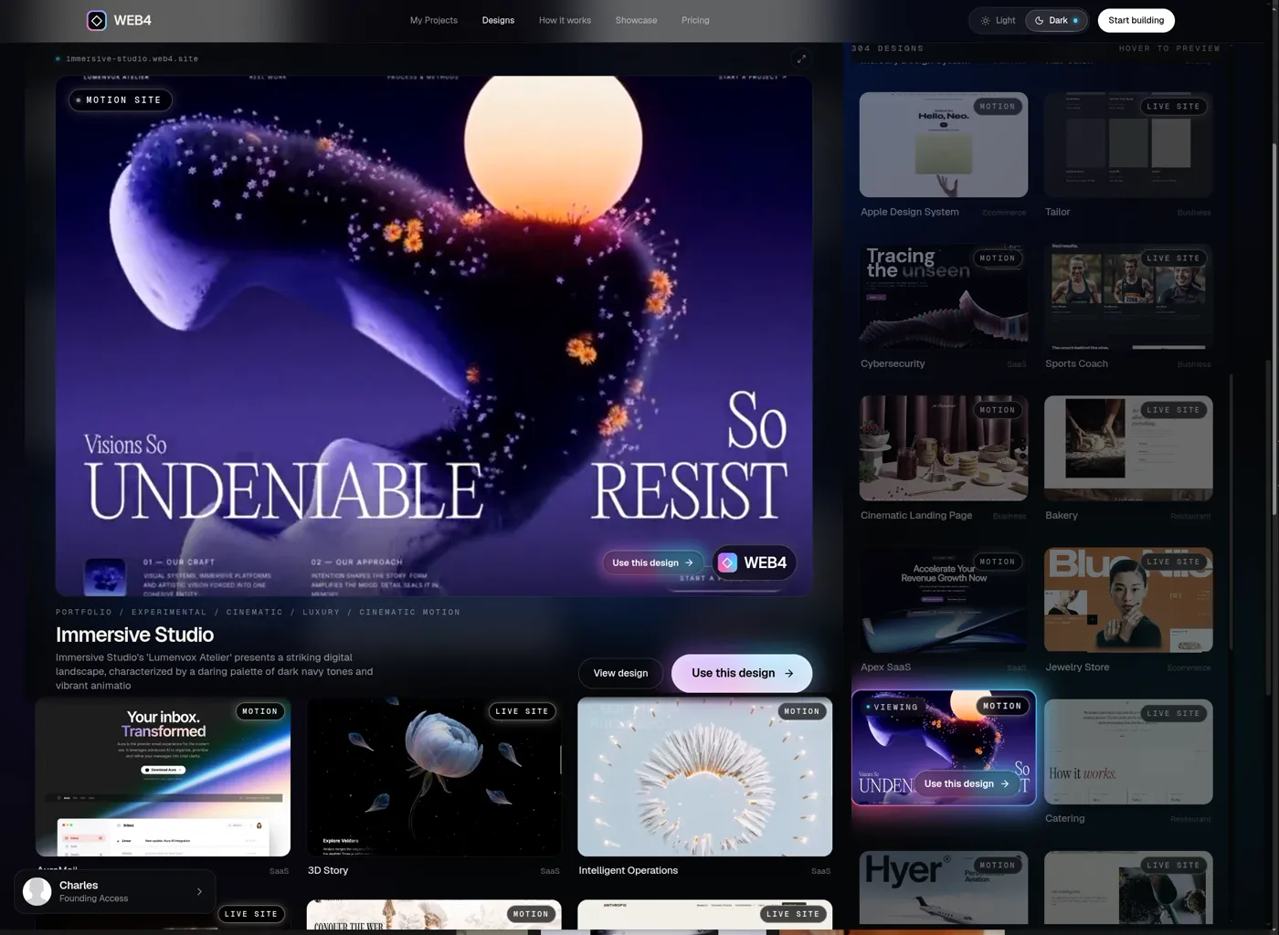 Immersive Studio design in the WEB4 designs browser
