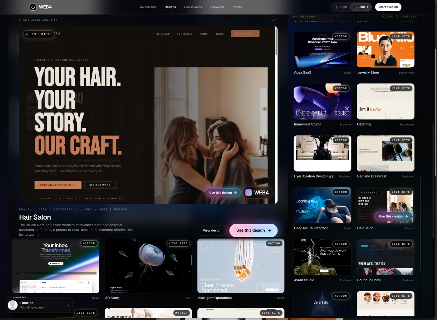 The WEB4 designs library previewing a hair salon website